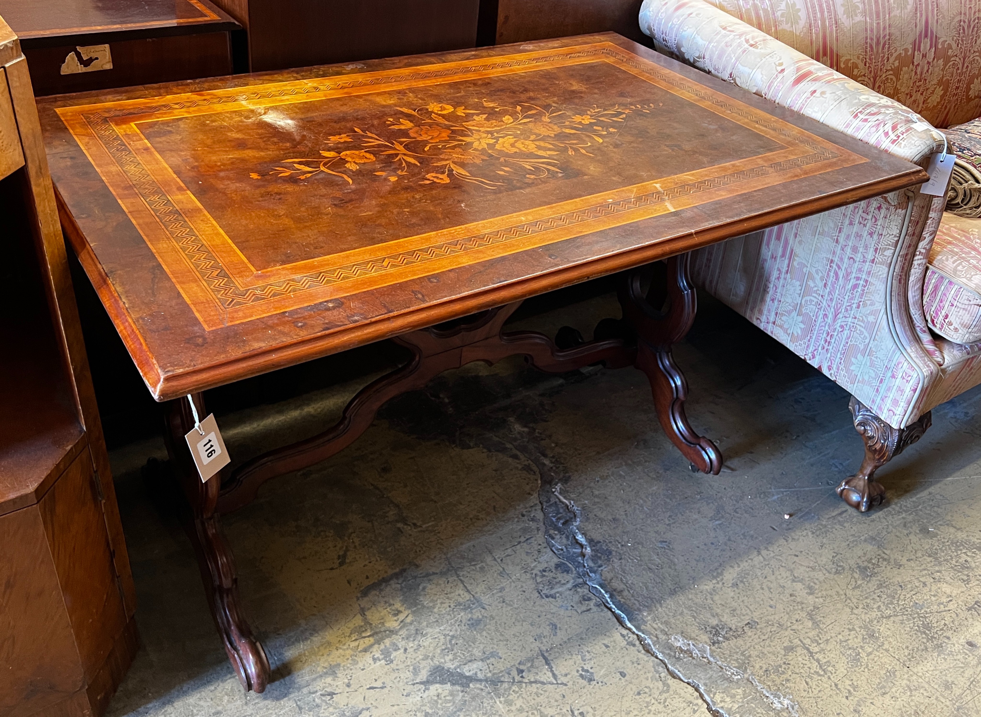 A 19th century French rectangular marquetry inlaid walnut centre table, width 120cm, depth 77cm, height 74cm